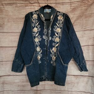 Jazzino Dolman Studded Denim Jacket w/Metallic Floral Embroidery - S/M/L/XL